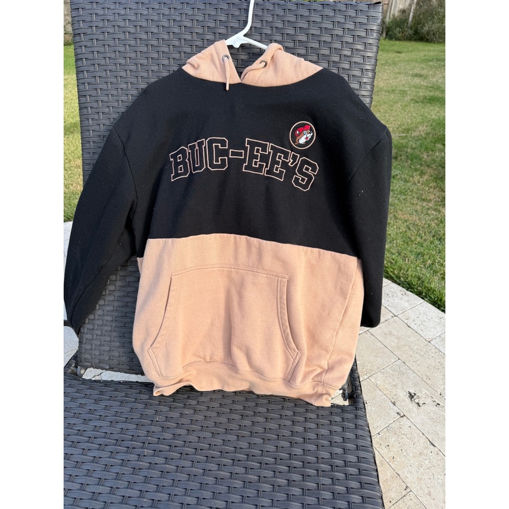 Buc ee's Black Tan Color Block Hoodie Hooded Sweatshirt Buc-ees Logo Size‎ LG